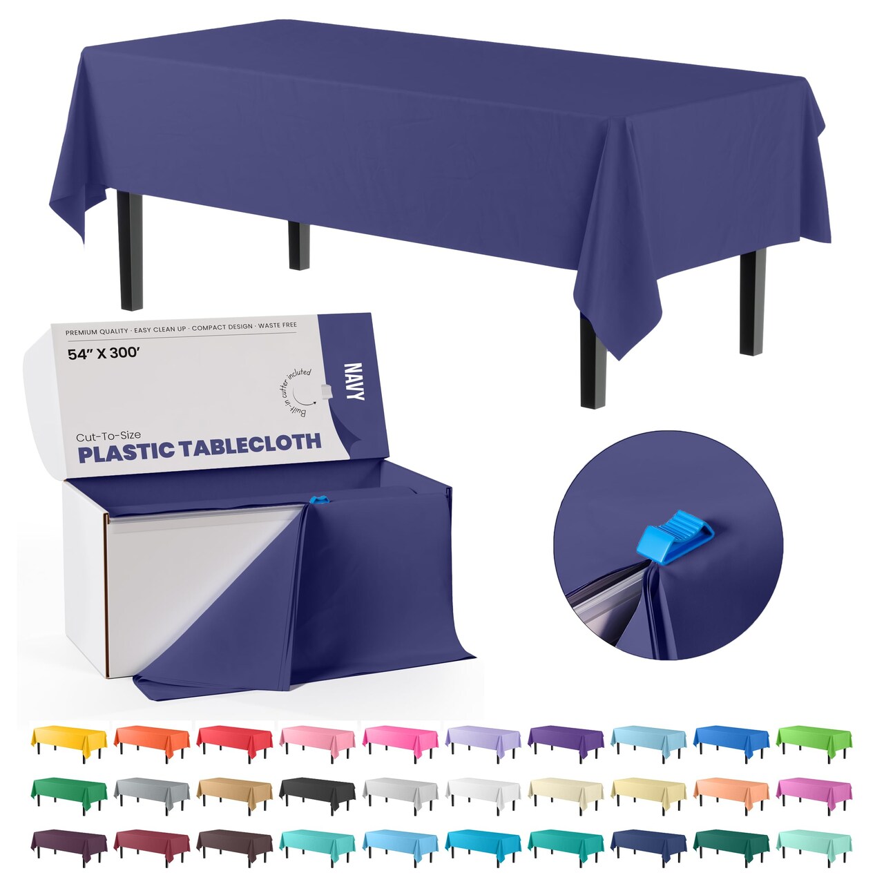 Party Solids 54" x 300' Plastic Table Cover Roll with Slide Cutter – Cut-to-Size Dispenser Box – Makes Up to 36 Disposable 8' Rectangle Tablecloths by Exquisite